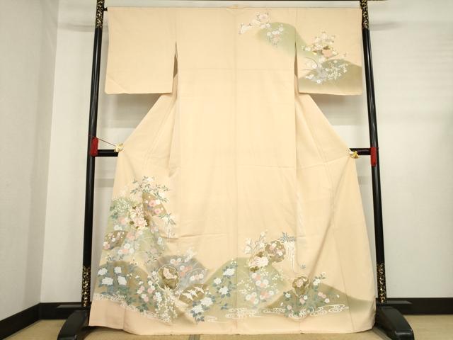 平和屋着物●訪問着　駒刺繍　雪輪地紙花文　金彩　正絹　逸品　AABE0261ck
