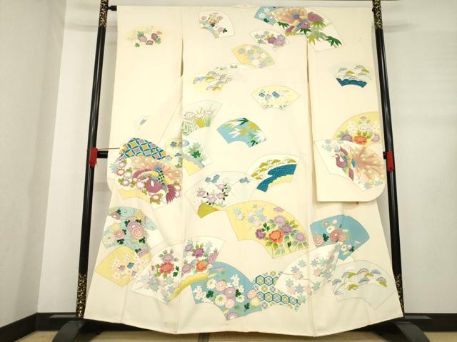 平和屋着物●京友禅作家　森岡功　振袖　地紙花鳥文　孔雀　金彩　正絹　逸品　AABE0313ck