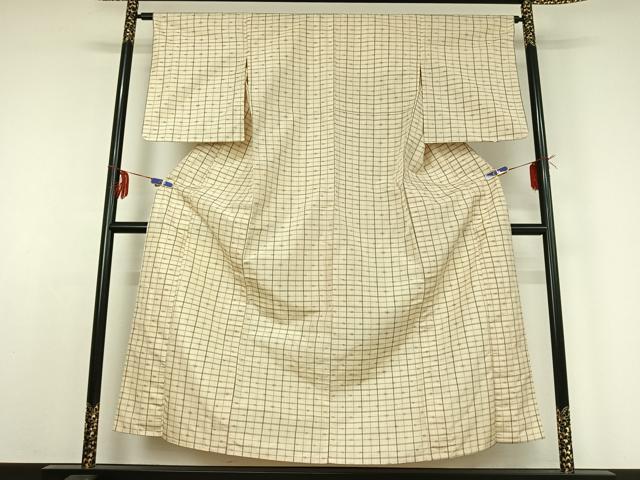 平和屋着物▽上質な紬　単衣　格子　正絹　逸品　AABE0698jh_1