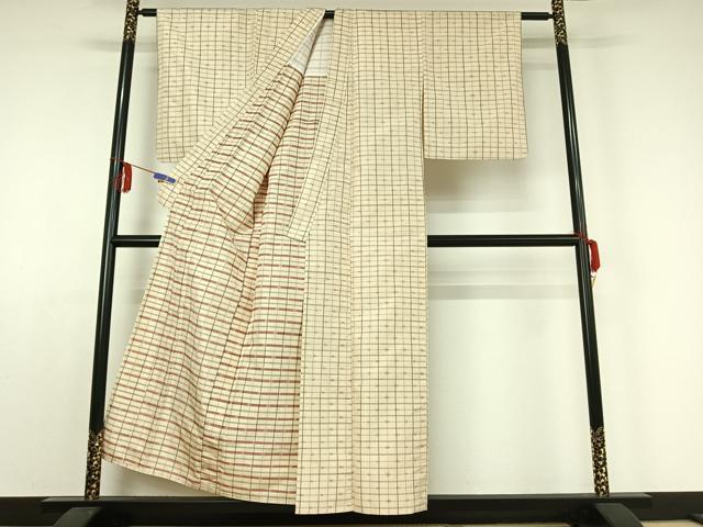 平和屋着物▽上質な紬　単衣　格子　正絹　逸品　AABE0698jh_2