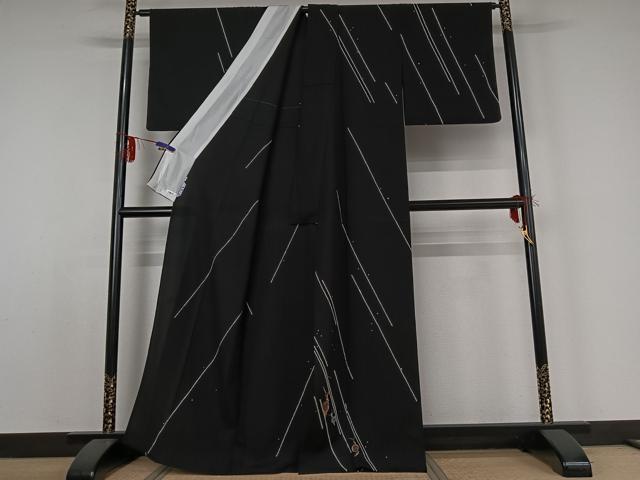 平和屋着物▽日本のお笑いタレント　俳優　画家　書家　片岡鶴太郎　訪問着　単衣　蝸牛　黒地　正絹　逸品　AABE0707jh_1