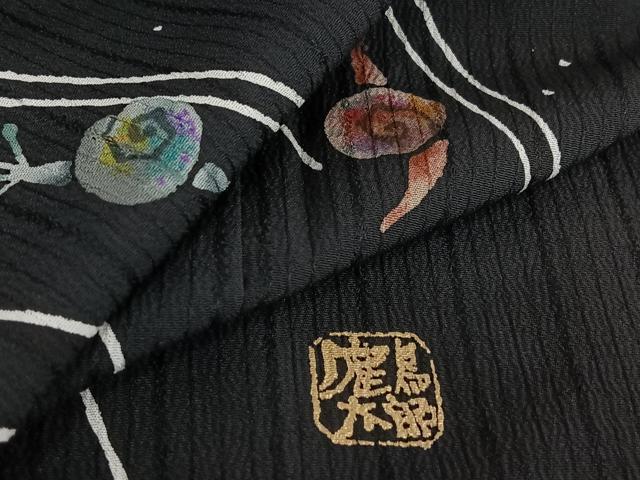 平和屋着物▽日本のお笑いタレント　俳優　画家　書家　片岡鶴太郎　訪問着　単衣　蝸牛　黒地　正絹　逸品　AABE0707jh_6
