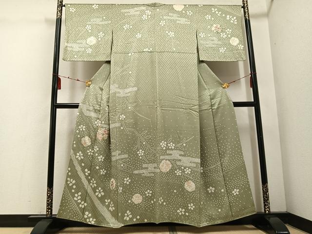 平和屋着物●訪問着　絞り　刺繍　草花文　金彩　正絹　逸品　AABE0735ph