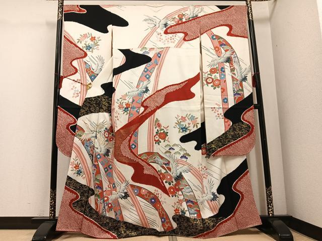 平和屋着物●豪華振袖　駒刺繍　絞り　群れ鶴御所車風景花文　金彩　正絹　逸品　AABE0753ph