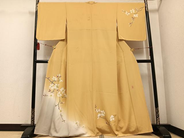 平和屋着物●本加賀友禅作家　稲手明仁　訪問着　友禅　作家物　枝花文　暈し染め　そめの近江謹製　正絹　逸品　AABE0766ph