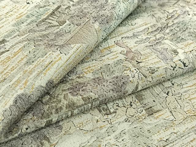 平和屋着物▽上質な小紋　単衣　手描き　人物風景文　金彩　鬼しぼ縮緬　正絹　逸品　AABE1174jh