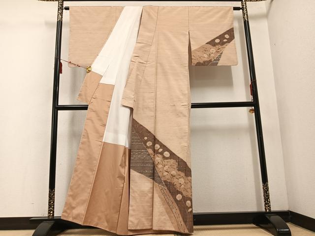 平和屋着物○訪問着 紬地 草花文 金銀彩 正絹 逸品 AABE1213ph