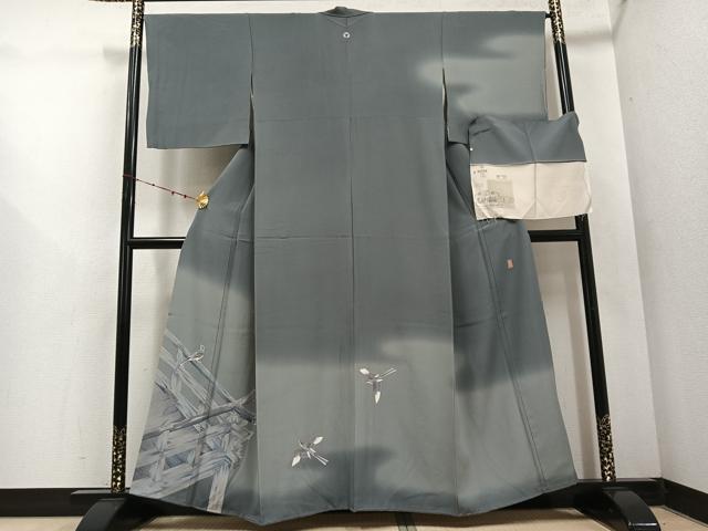 平和屋着物●十日町　加賀草木友禅の第一人者　田村哲彦　訪問着　群れ鳥　暈し染め　高砂ちりめん　反端付き　正絹　逸品　AABE1243ph