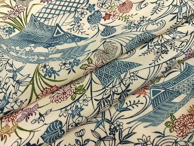 平和屋着物●上質な小紋　型染め　風景草花文　鬼しぼ縮緬　正絹　逸品　AABE1272ph