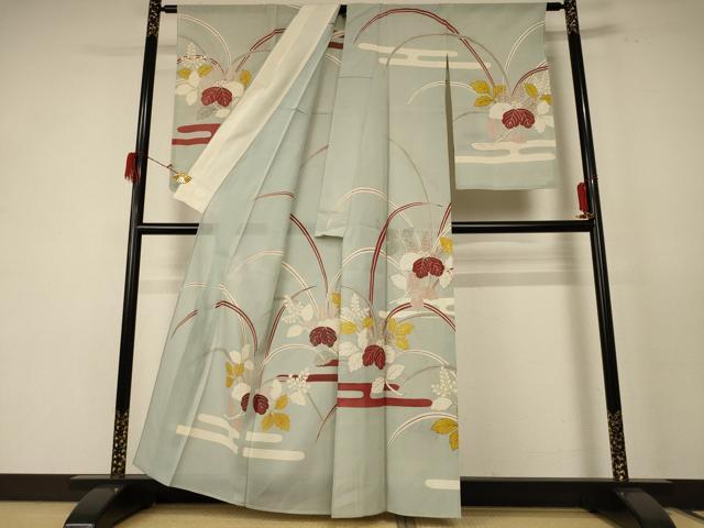 平和屋着物＊夏物　訪問着　絽　駒刺繍　枝葉文　銀彩　正絹　逸品　AABE1284jd_1