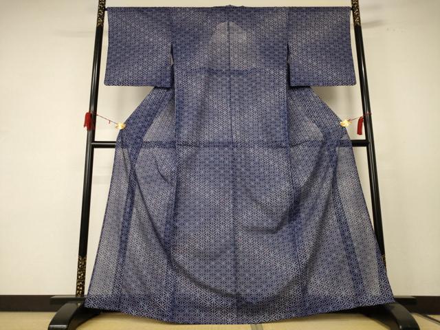 平和屋着物＊夏物　小紋　絽　麻の葉文様　洗える着物　AABE1330jd_1