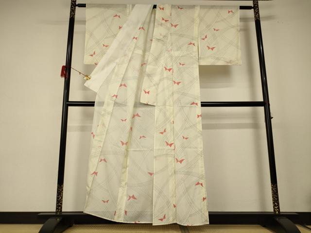 平和屋着物＊夏物　小紋　絽　舞蝶文　洗える着物　AABE1352jd_2