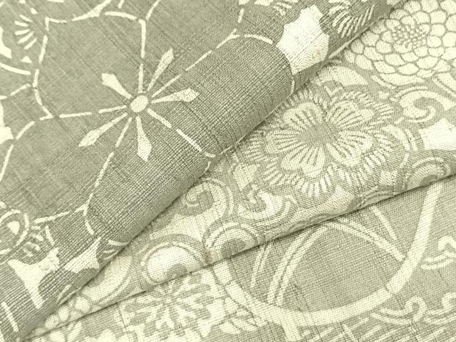 平和屋着物●上質な紬　型染め　横段花文　正絹　逸品　AABE1601fy