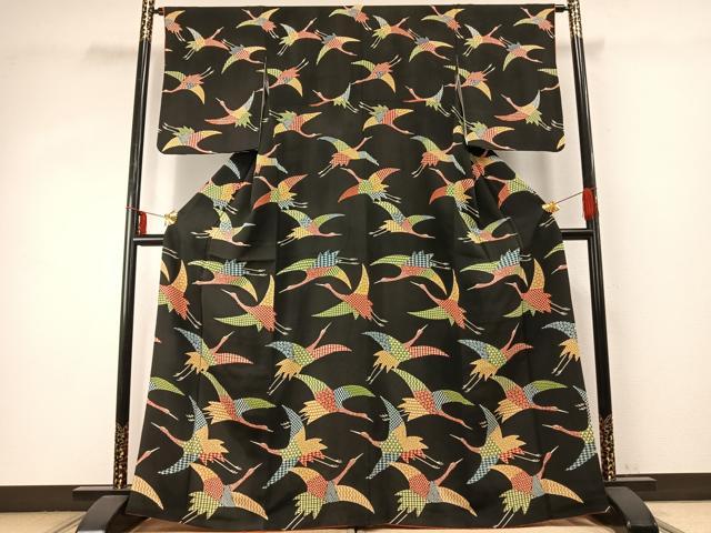 平和屋着物●訪問着　型染め　飛鳥文　黒地　正絹　逸品　AABE1644fy