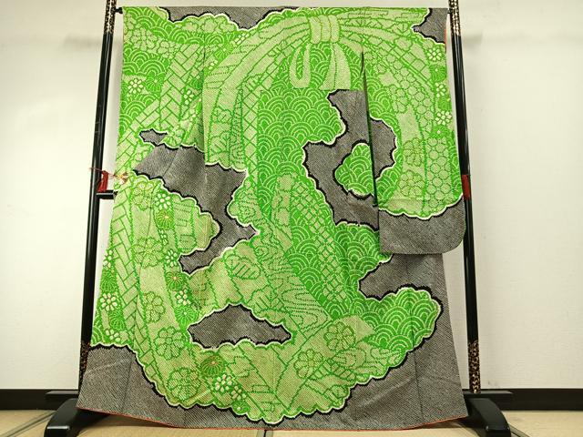 平和屋着物●豪華振袖　駒刺繍　総絞り　束ね熨斗花文　正絹　逸品　AABE1692fy