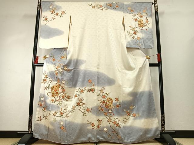 平和屋着物●訪問着　駒刺繍　貝桶枝花文　暈し染め　金彩　正絹　逸品　AABE1733fy