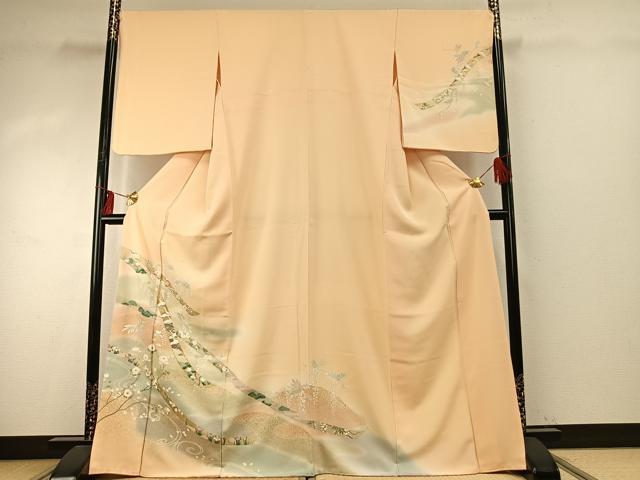 平和屋着物●訪問着　駒刺繍　熨斗花鳥文　暈し染め　金彩　正絹　逸品　AABE1746fy