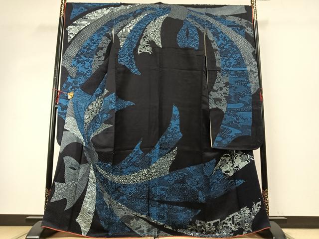 平和屋着物●豪華振袖　型染め　束ね熨斗花文　黒地　正絹　逸品　AABE1890fy