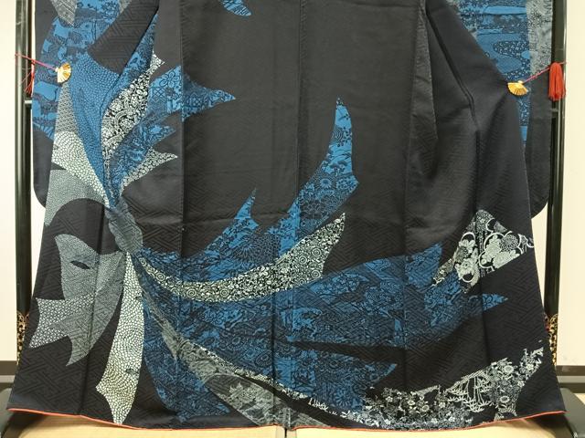 平和屋着物●豪華振袖　型染め　束ね熨斗花文　黒地　正絹　逸品　AABE1890fy 平和屋着物○豪華振袖 型染め 束ね熨斗花文 黒地 正絹 逸品 AABE1890fy