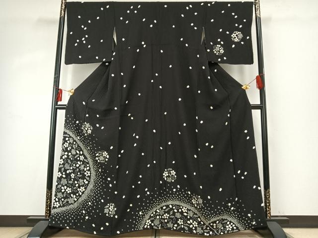 平和屋着物●訪問着　絞り　草花文　黒地　正絹　逸品　AABE1925fy