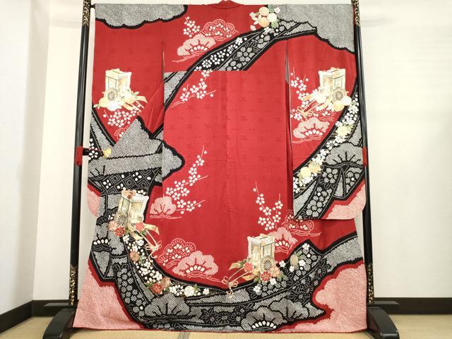 平和屋着物●豪華振袖　総絞り　御所車花文　正絹　逸品　AABE2035ck