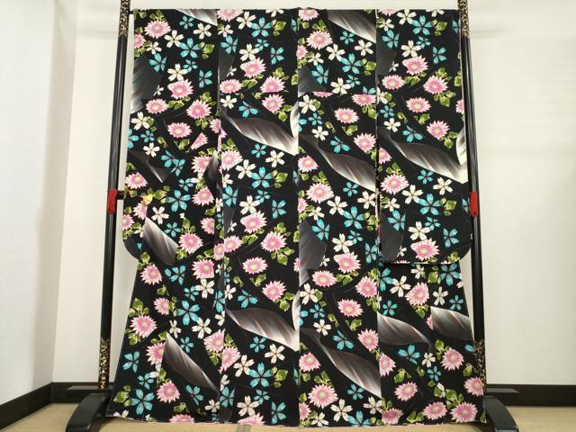 平和屋着物●豪華振袖　舞花文　黒地　正絹　逸品　AABE2036ck