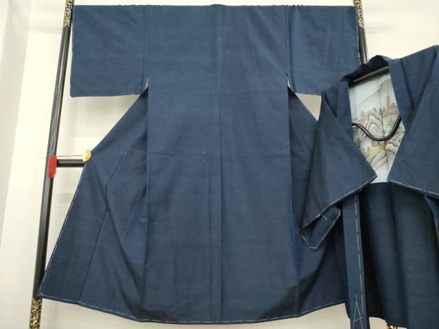 平和屋着物●男性　紬　アンサンブル　色無地　藍鉄色　正絹　逸品　AABE2047ck