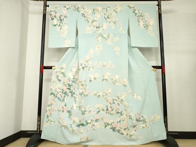 平和屋着物●本加賀友禅作家　東藤岳　訪問着　枝花文　柳鼠色地　正絹　逸品　AABE2071ck