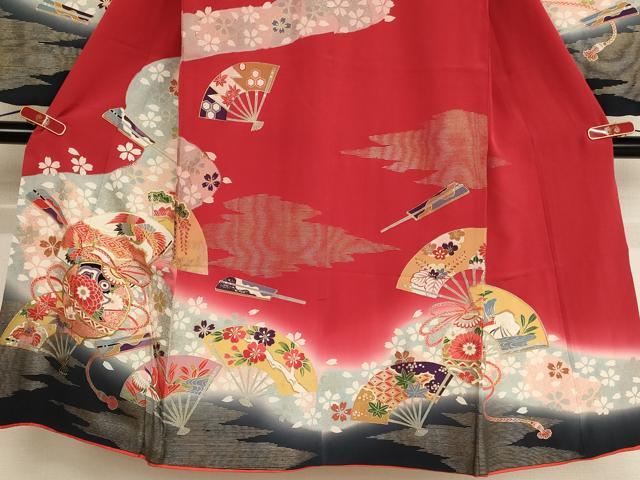 平和屋着物[]七五三　女の子　７歳　祝着　四つ身　駒刺繍　鈴　扇面花鳥文　暈し染め　金銀彩　逸品　AABE2121ja_2