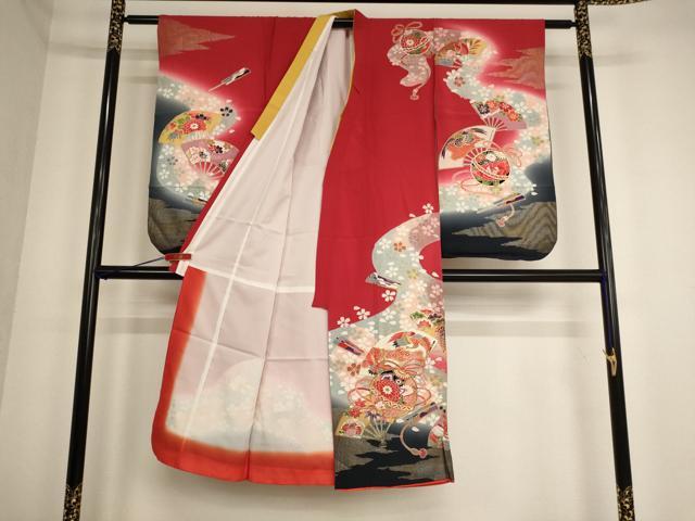 平和屋着物[]七五三　女の子　７歳　祝着　四つ身　駒刺繍　鈴　扇面花鳥文　暈し染め　金銀彩　逸品　AABE2121ja_1