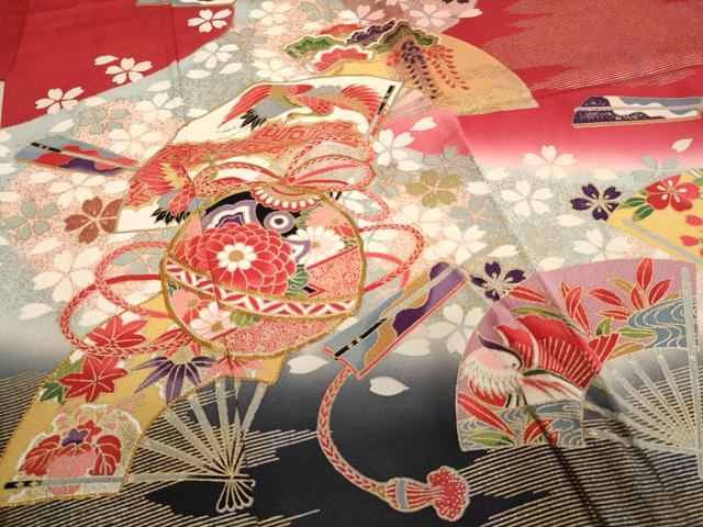 平和屋着物[]七五三　女の子　７歳　祝着　四つ身　駒刺繍　鈴　扇面花鳥文　暈し染め　金銀彩　逸品　AABE2121ja_3