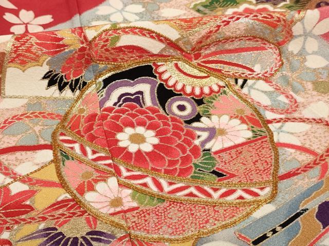平和屋着物[]七五三　女の子　７歳　祝着　四つ身　駒刺繍　鈴　扇面花鳥文　暈し染め　金銀彩　逸品　AABE2121ja_4