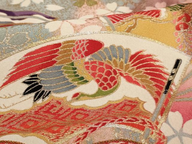 平和屋着物[]七五三　女の子　７歳　祝着　四つ身　駒刺繍　鈴　扇面花鳥文　暈し染め　金銀彩　逸品　AABE2121ja_5