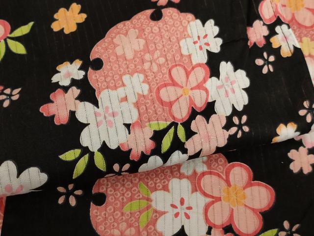 平和屋着物∴夏物　子供　女の子　浴衣　雪輪花文　ラメ系　黒地　AABE2148ja_3