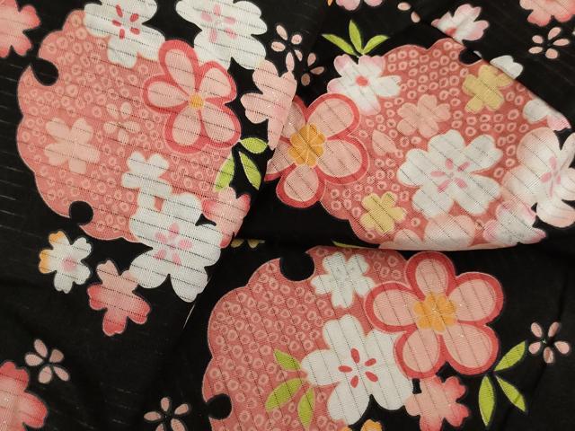 平和屋着物∴夏物　子供　女の子　浴衣　雪輪花文　ラメ系　黒地　AABE2148ja_6