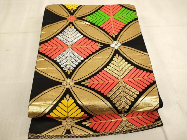 平和屋着物∵子供　全通柄袋帯　唐織　七宝松菱文　黒地　金銀糸　逸品　未使用　AABE2156ja