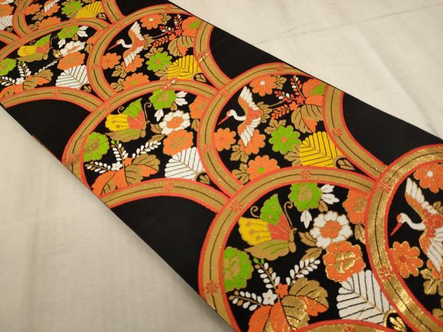 平和屋着物∵子供　全通柄袋帯　青海波　飛鶴花蝶文　黒地　金糸　逸品　AABE2161ja_1