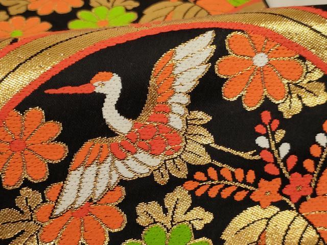平和屋着物∵子供　全通柄袋帯　青海波　飛鶴花蝶文　黒地　金糸　逸品　AABE2161ja_2