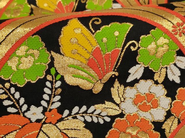 平和屋着物∵子供　全通柄袋帯　青海波　飛鶴花蝶文　黒地　金糸　逸品　AABE2161ja_3