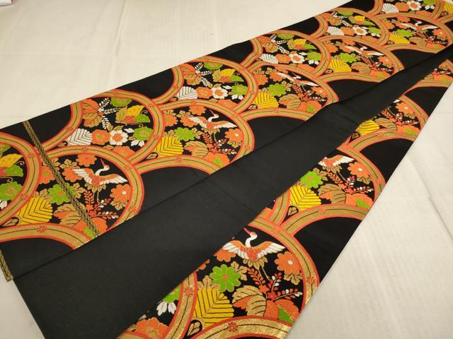 平和屋着物∵子供　全通柄袋帯　青海波　飛鶴花蝶文　黒地　金糸　逸品　AABE2161ja_4
