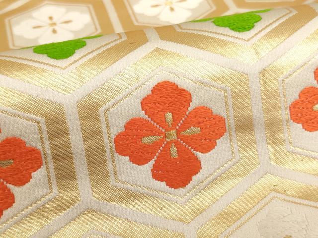 平和屋着物∵子供　全通柄袋帯　唐織　亀甲花菱文　金糸　逸品　AABE2163ja_2