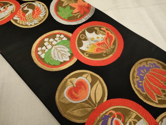 平和屋着物[]子供　全通柄袋帯　唐織　花蝶丸文　黒地　金銀糸　逸品　AABE2164ja_1