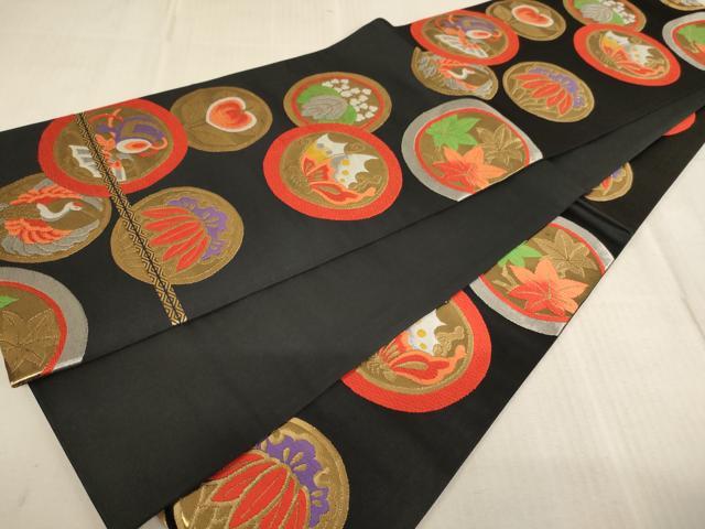 平和屋着物[]子供　全通柄袋帯　唐織　花蝶丸文　黒地　金銀糸　逸品　AABE2164ja_3