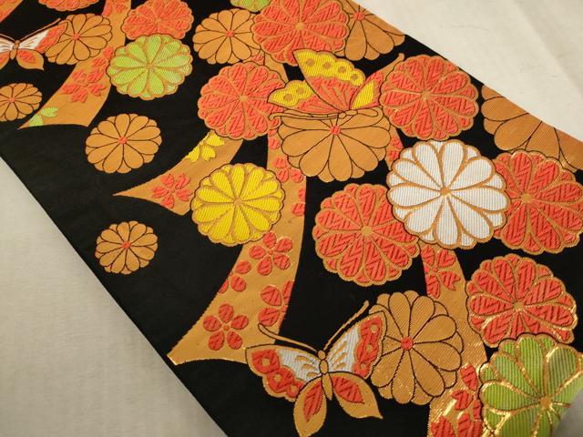 平和屋着物∵子供　全通柄袋帯　唐織　花蝶文　黒地　金糸　AABE2171ja_1
