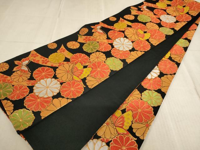 平和屋着物∵子供　全通柄袋帯　唐織　花蝶文　黒地　金糸　AABE2171ja_3