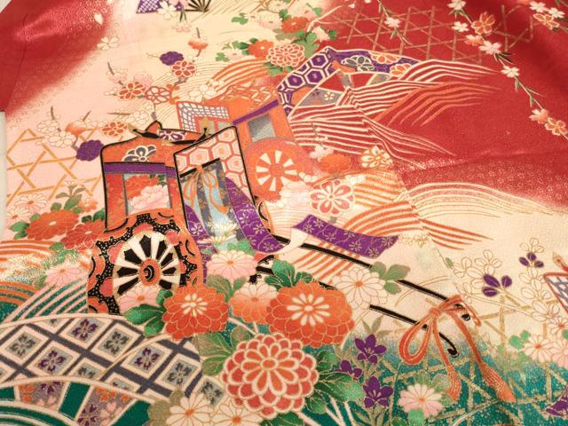 平和屋着物[]七五三　女の子　７歳　祝着・長襦袢セット　御所車花文　暈し染め　金彩　逸品　AABE2383ja_3