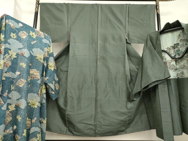 平和屋着物●男性　紬　アンサンブル　長襦袢(無双仕立て)セット　亀甲文　正絹　逸品　未使用　AABE2486ck