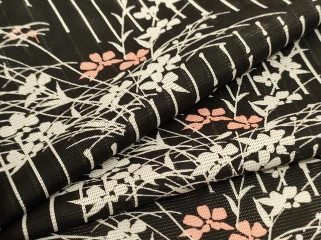 平和屋着物＊夏物　小紋　絽　草花文　黒地　洗える着物　AABE2639jd