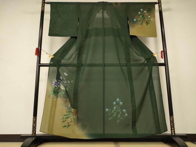 平和屋着物＊夏物　訪問着　絽　花鳥文　暈し染め　金彩　正絹　逸品　AABE2662jd