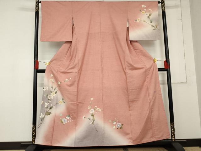 平和屋着物●訪問着　作家物　紬地　枝花文　金銀彩　正絹　逸品　未使用　AABE2732cs